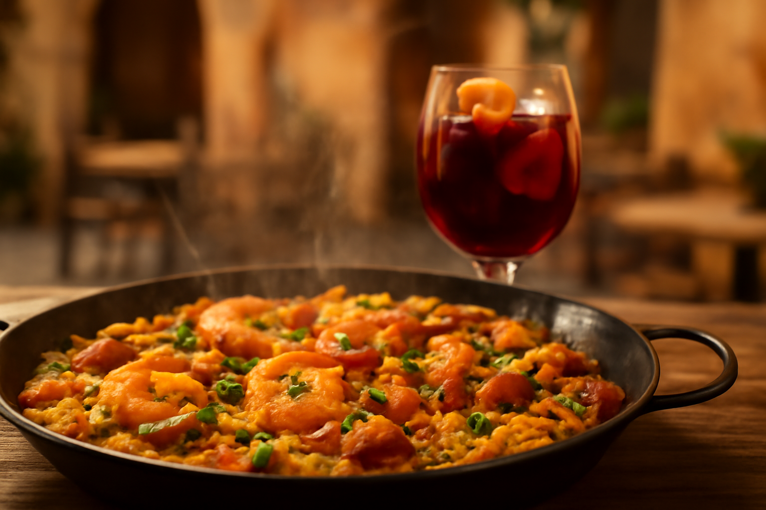 Imagen de una paella valenciana humeante junto a una copa de sangría Abocado de color rojo intenso, decorada con frutas cítricas, en un ambiente mediterráneo.