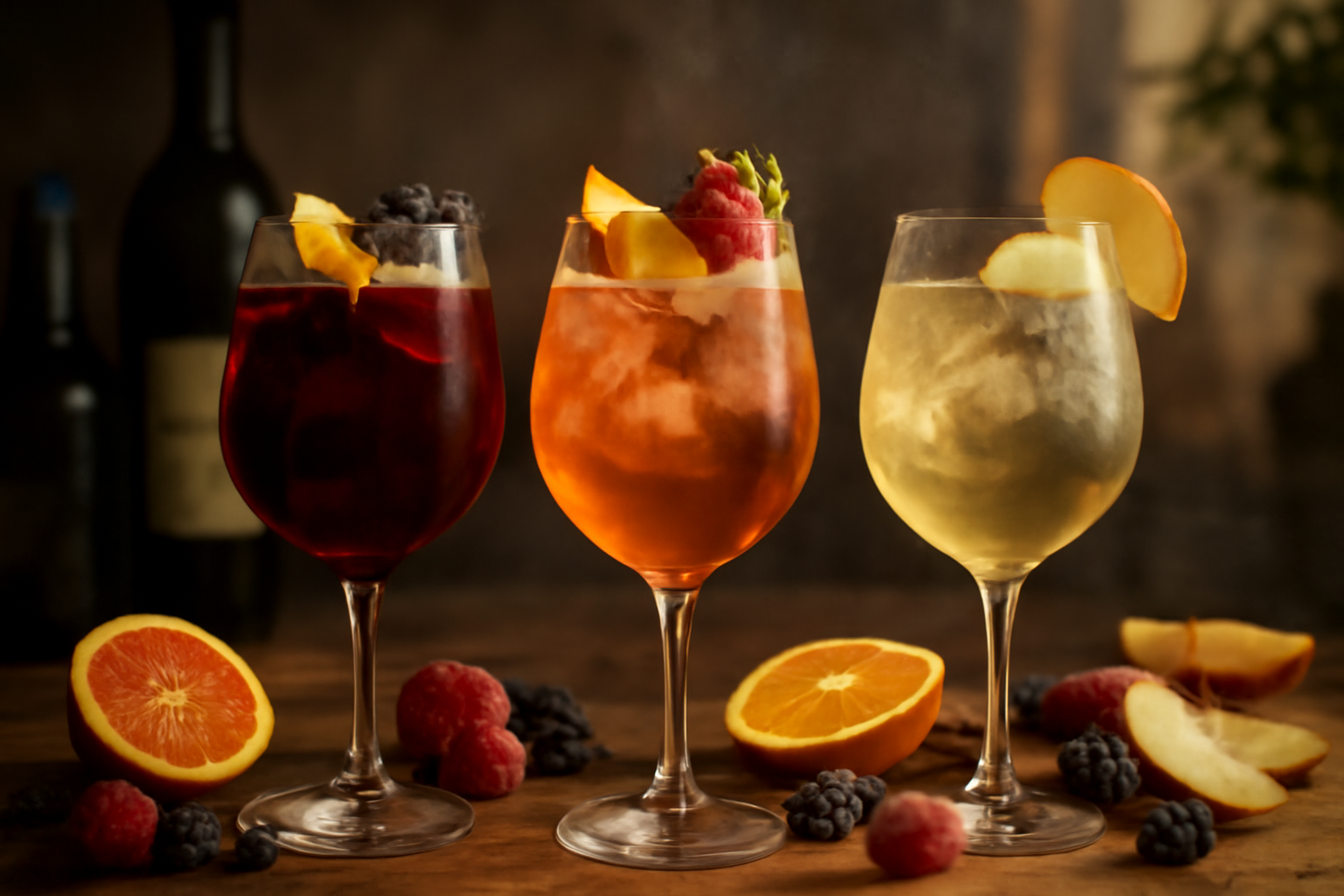 Tres copas de sangría de diferentes colores (tinto, rosado y blanco) en una mesa de madera rústica, con frutas orgánicas frescas y botellas de vino de fondo, bajo una luz cálida natural.