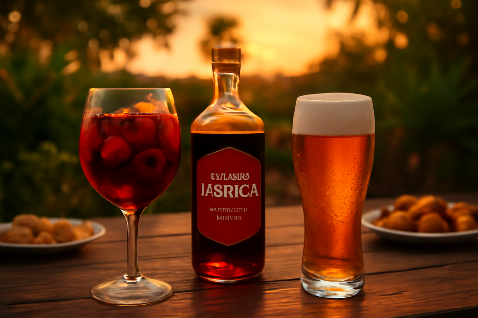Mesa rústica al atardecer con una copa de sangría roja con frutas y una botella de Sangre Ibérica 1800, junto a un vaso de cerveza fría y tapas.